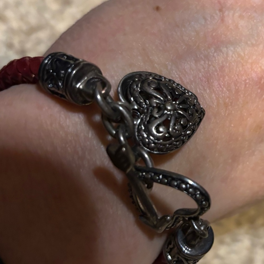 Elegant Silver tone Heart Charm Bracelet with braided reddish /brown strap
